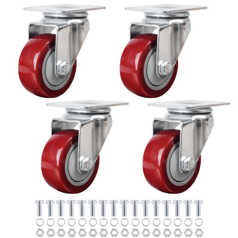 Finnhomy 3 Inch Swivel Casters Wheels Set of 4 Heavy Duty Plate Casters Premium Polyurethane Wheels PU Load Bearing 2,200 Lbs Anti-wear Smooth Casters Red (Free Screws) - Image 1